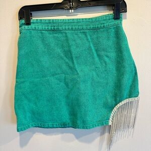 Green Denim Rhinestone Fringe Skirt